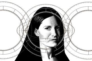 black and white illustration with woman appearig behind three circles.