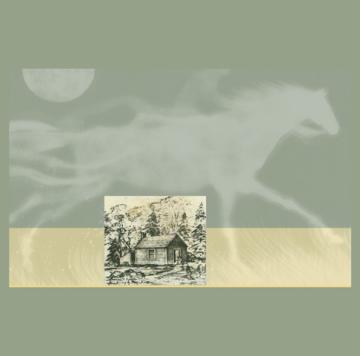 Small image of a cabin below an illustration of a running horse