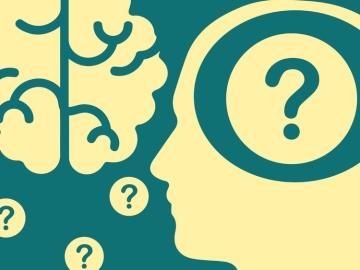 Poster of a silhouette next to a brain, surrounded by question marks.