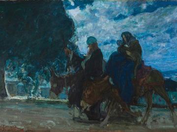 Two figures astride donkeys and one holding an infant ride down a dirt path at night.