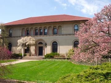 exterior view of Cox Building in spring