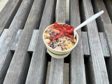 A tasty looking bowl of ice cream loaded with toppings on a wooden bench.