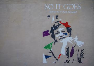 An impressionistic mural of writer Kurk Vonnegut.