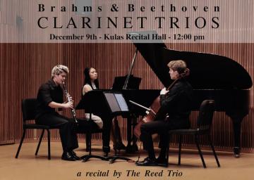 Recital poster for The Reed Trio, shown performing in Kulas Recital Hall.