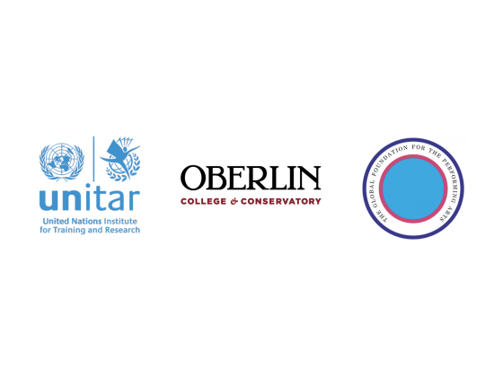 Three logos including United Nations Institute for Training and Research, Oberlin College, and The Global Foundation for The Performing Arts