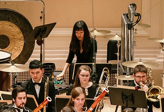 A student percussionist performs with the Oberlin Orchestra on tour at Carnegie Hall.