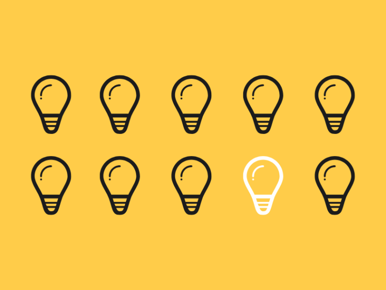 Black light bulbs in a grid with one white light bulb on a yellow background