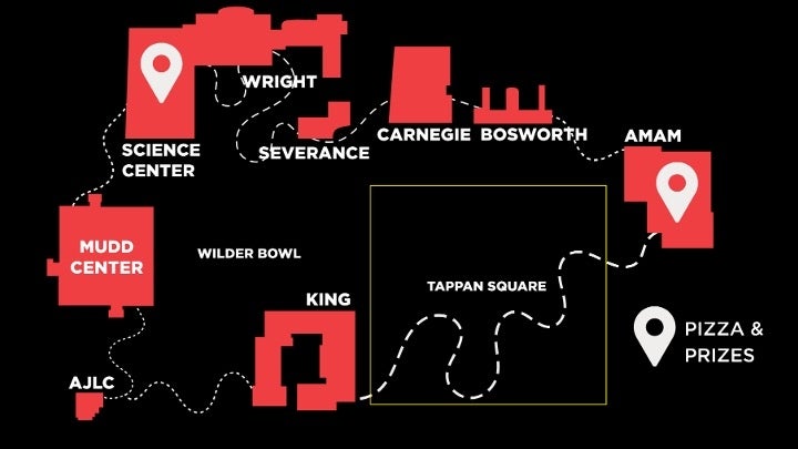 Buildings with Lab Crawl stations include Science Center, Mudd, AJLC, Wright, Severance, Carnegie, Bosworth, and the Allen Memorial Art Museum.