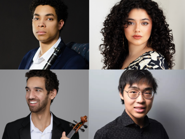 four individuals are shown, a young man holding a clarinet, a young woman, a young man holding a violin, and a young man.