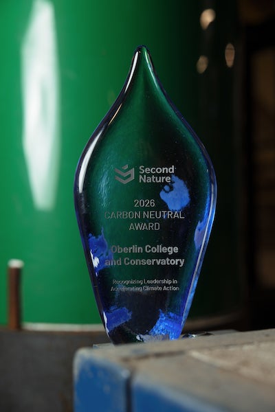 flame-shaped glass carbon neutrality award.