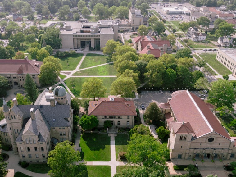 aerial view of Oberlin campus in summertime.
