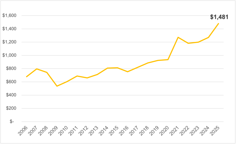 Line chart showing endowment growth over 20 years.