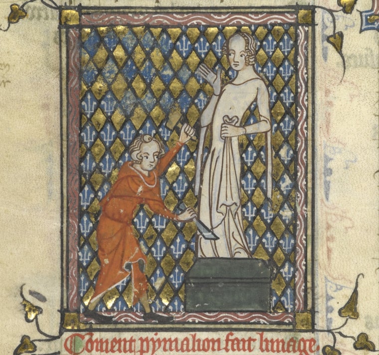 Image of Pygmalion carving a statue of Galatea
