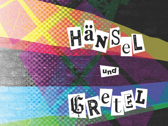 A multi color design with a brick background and the worlds "Hansel und Gretel" in black cut out letters