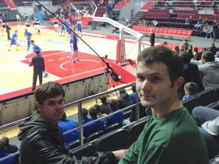 Intern Drew Wise at basketball game in St. Petersburg, Russia