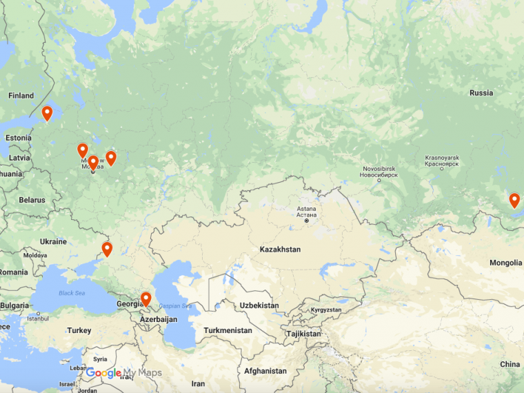 A map of Russia and surrounding countries has a marker for each of the 7 internship locations described on this page.