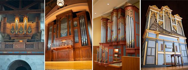 picture of four organs of Oberlin in three different concert spaces on campus