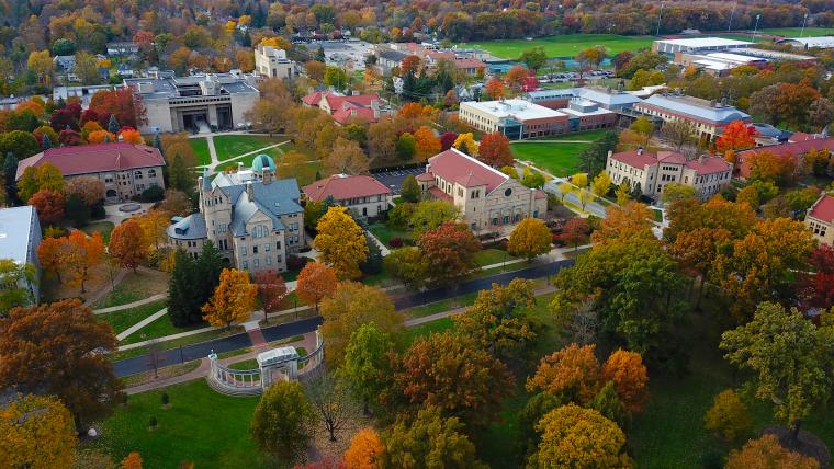 An aerial photograph of the Oberlin campus during the fall.