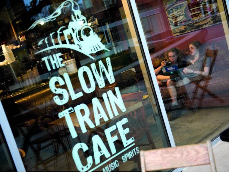 portrait of Slow Train Cafe window