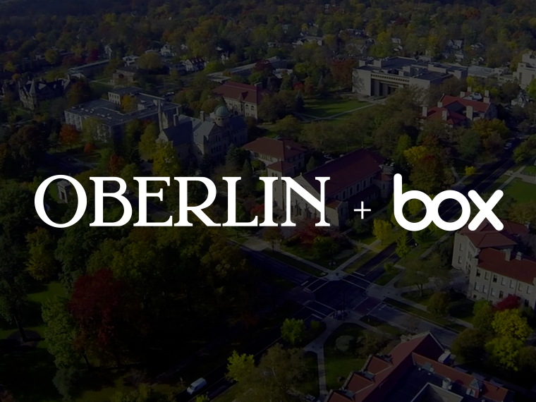 Aerial photo of Oberlin College overlaid with Oberlin logo and Box.com logo