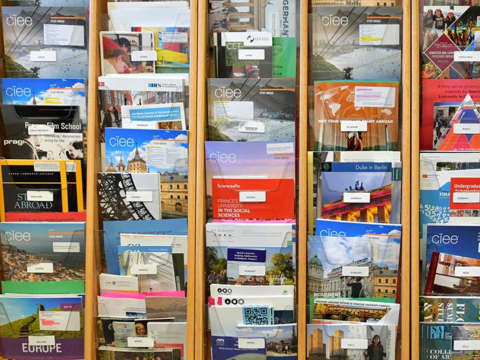 Display case full of colorful brochures.