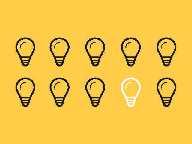 yellow background with ten lightbulbs, one lightbulb is outlined in white rather than black