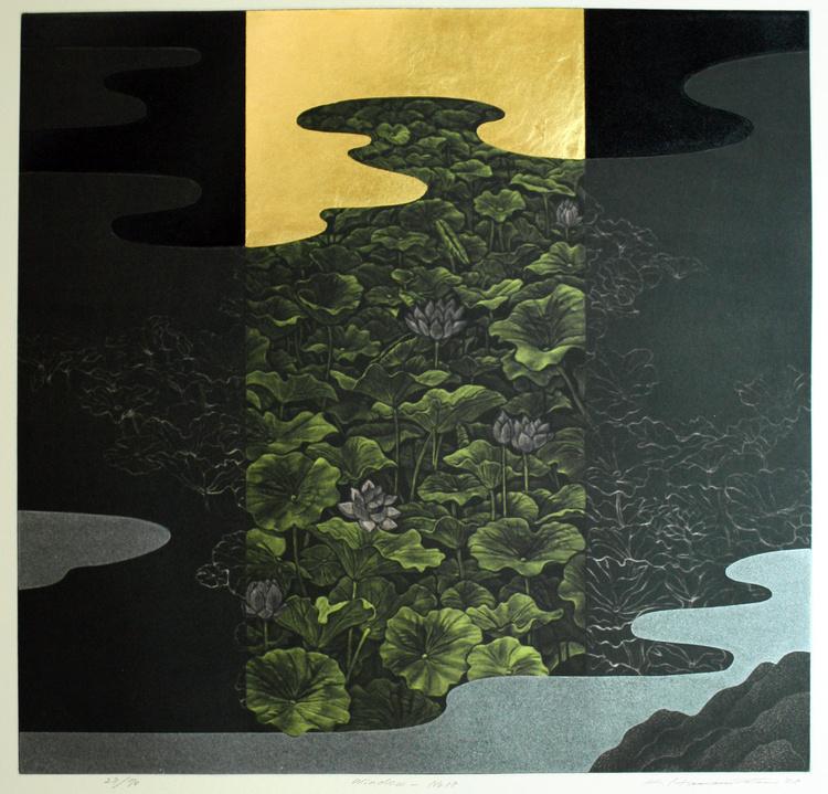 Centered in this print are a tight grouping of lily pads against a dark background, bordered by wavy, water-like edges.