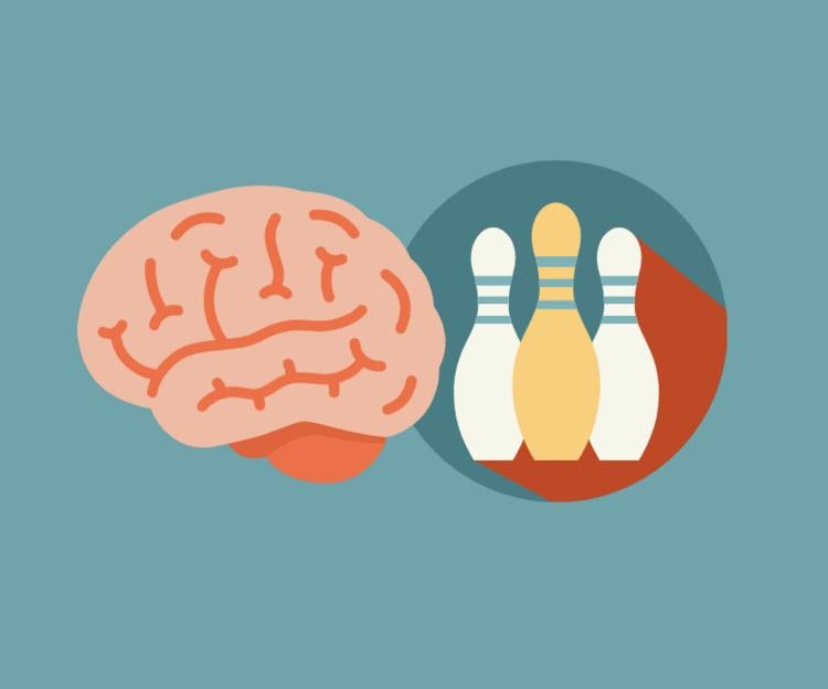 Graphic of a brain and three bowling pins