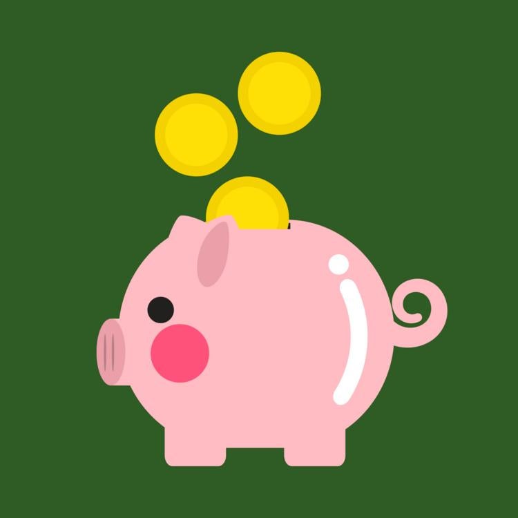 A pink piggy bank with coins falling into it