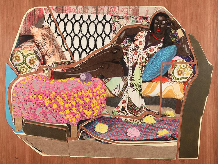 In this collaged image, a Black woman reclines on a couch made of bright and busy patterns.