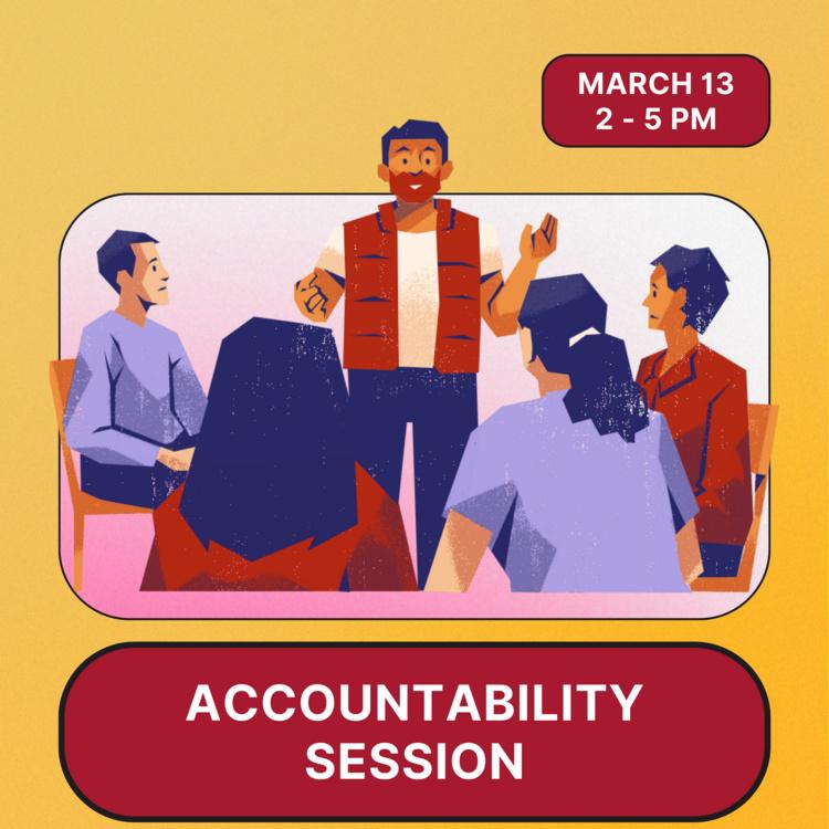 A group of people talking on a yellow and pink background with the title "Accountability Session"