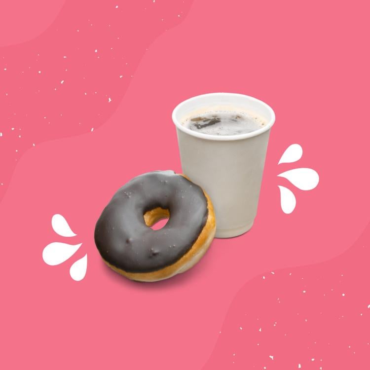 Chocolate-covered donut and cup of coffee