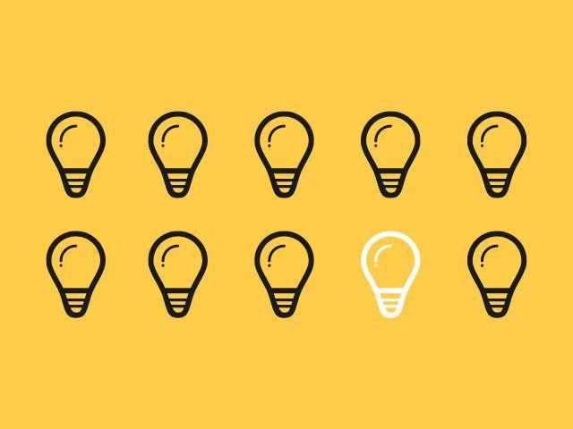Yellow background with black lightbulb outlines with one white lightbulb outline. 