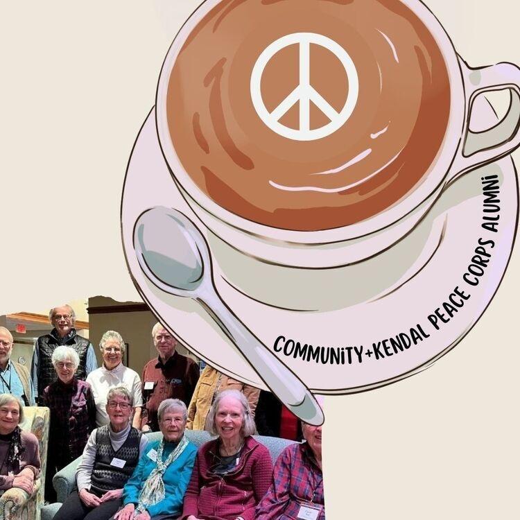 Coffee mug with peace sign latte art, and a group image of Kendal Residents