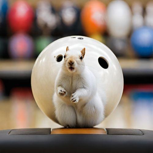 Albino squirrel standing in front of a white bowling ball