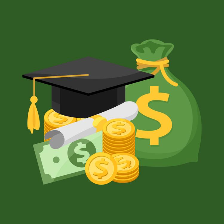A graduate cap with a bag of money and dollars