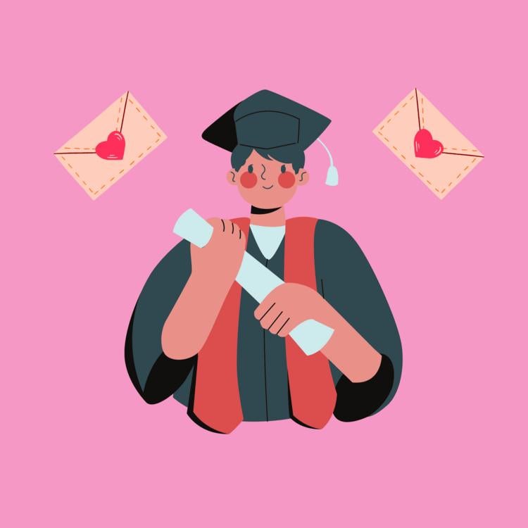 Floating envelopes with hearts around a smiling graduate