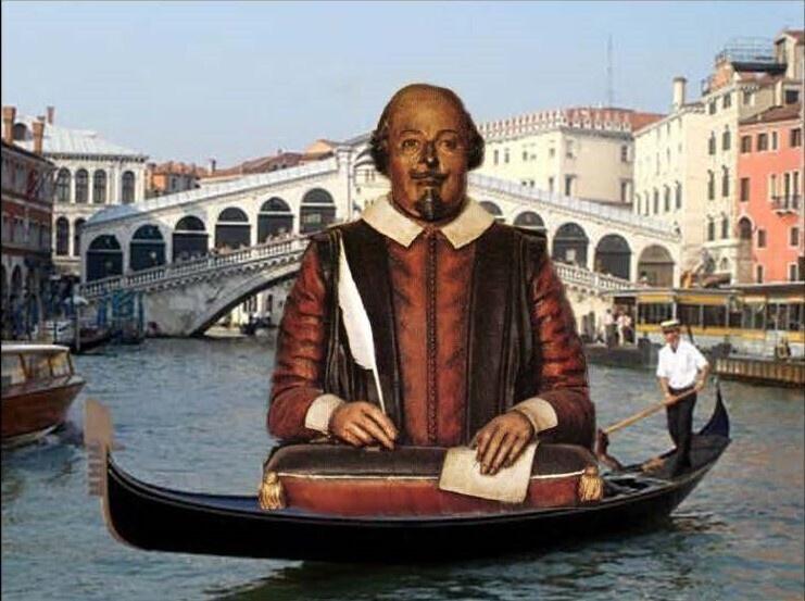 Painting of Shakespeare photoshopped into a photo of a gondola on a river