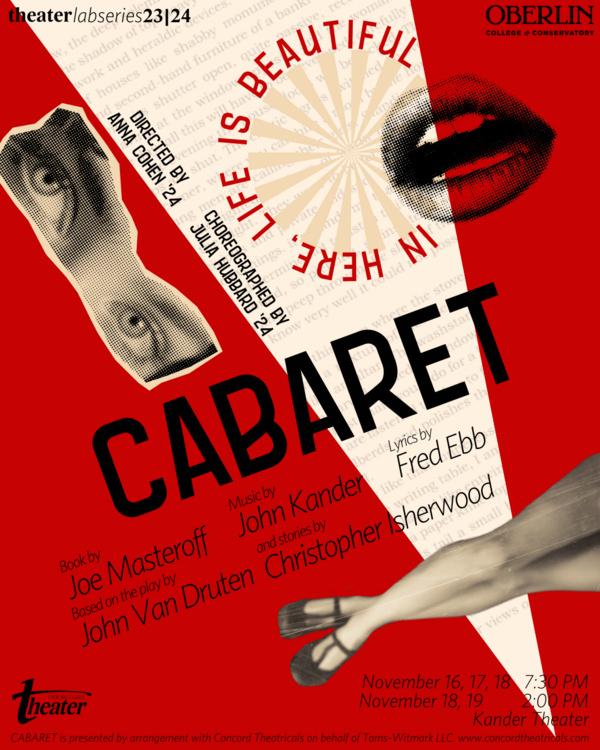 Poster for the musical Cabaret, showing B&W eyes, lips, and legs on a red background.