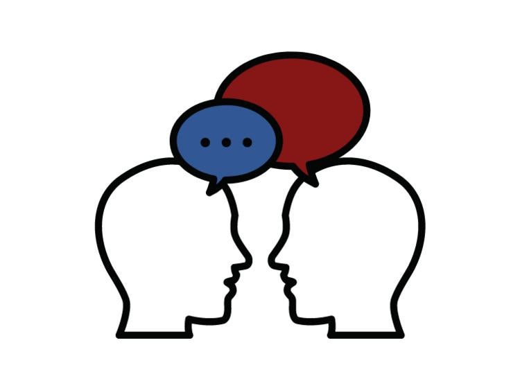 Illustration of two people talking, different colored speech bubbles