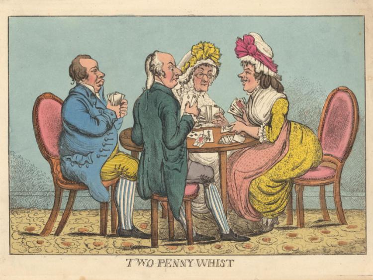 Vintage illustration of four people playing the card game Whist, a popular 19th Century game.
