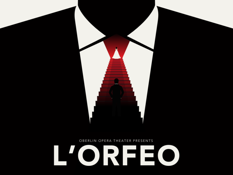 Graphic depiction of chest of man in black suit with red tie, staircase and back of a figure wearing a white gown and one wearing a black suit