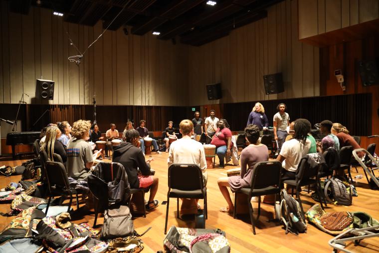The Djembe Orchestra rehearses