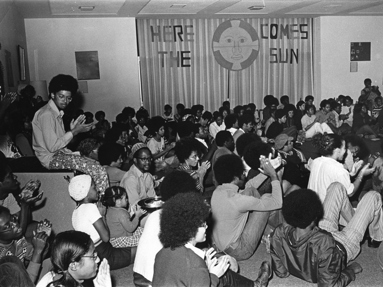 gathering of students inside what is now known as Afrikan Heritage House in the early 1970s at Oberlin.