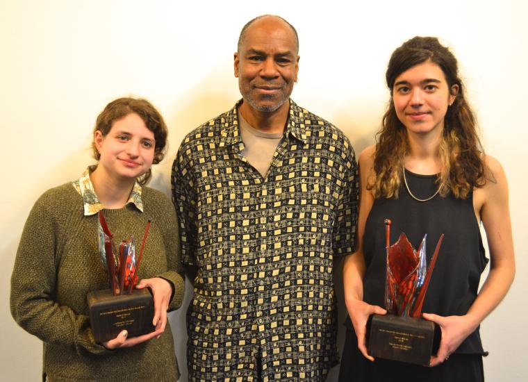Two Excellence in Visual Arts award recipients with Professor Johnny Coleman 
