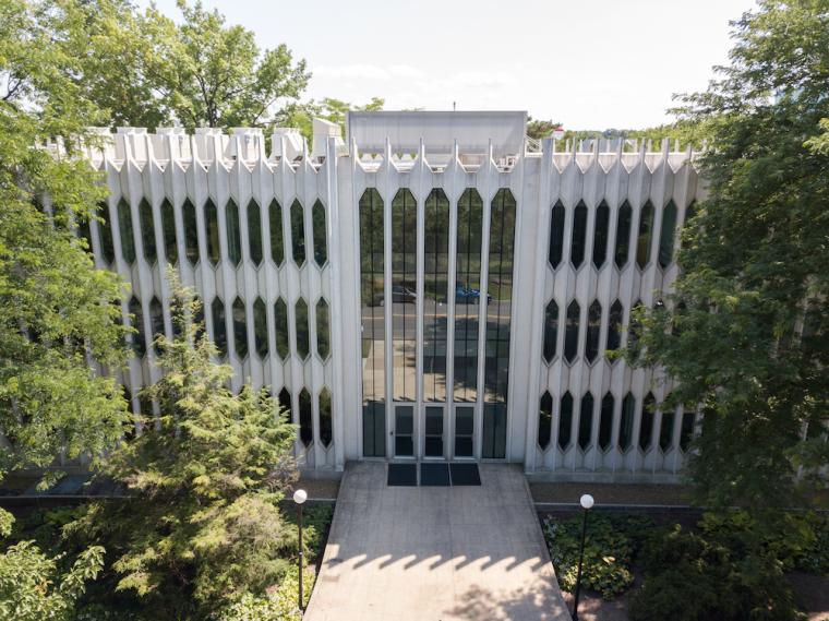 front entrance of Bibbins Hall in summer