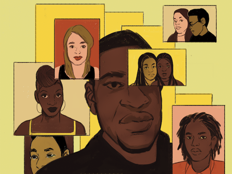 Artist Rendering of head and shoulders image of George Floyd along with eight other individuals