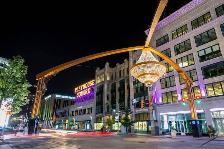 Playhouse Square at night.