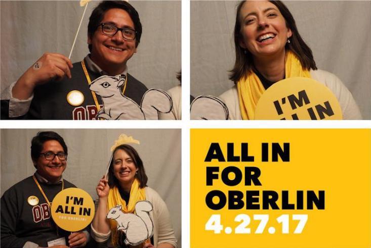People celebrating with All In for Oberlin gear.