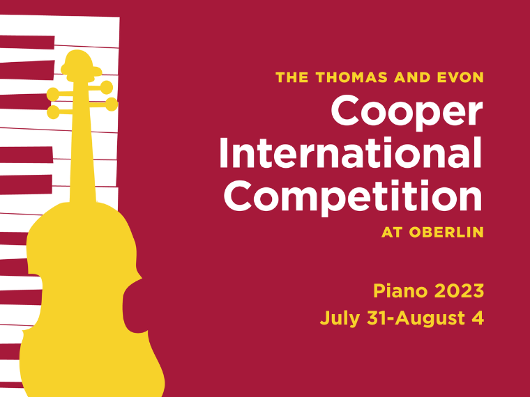 Cooper Competition yellow, red and white graphic with a violin set on a piano keyboard